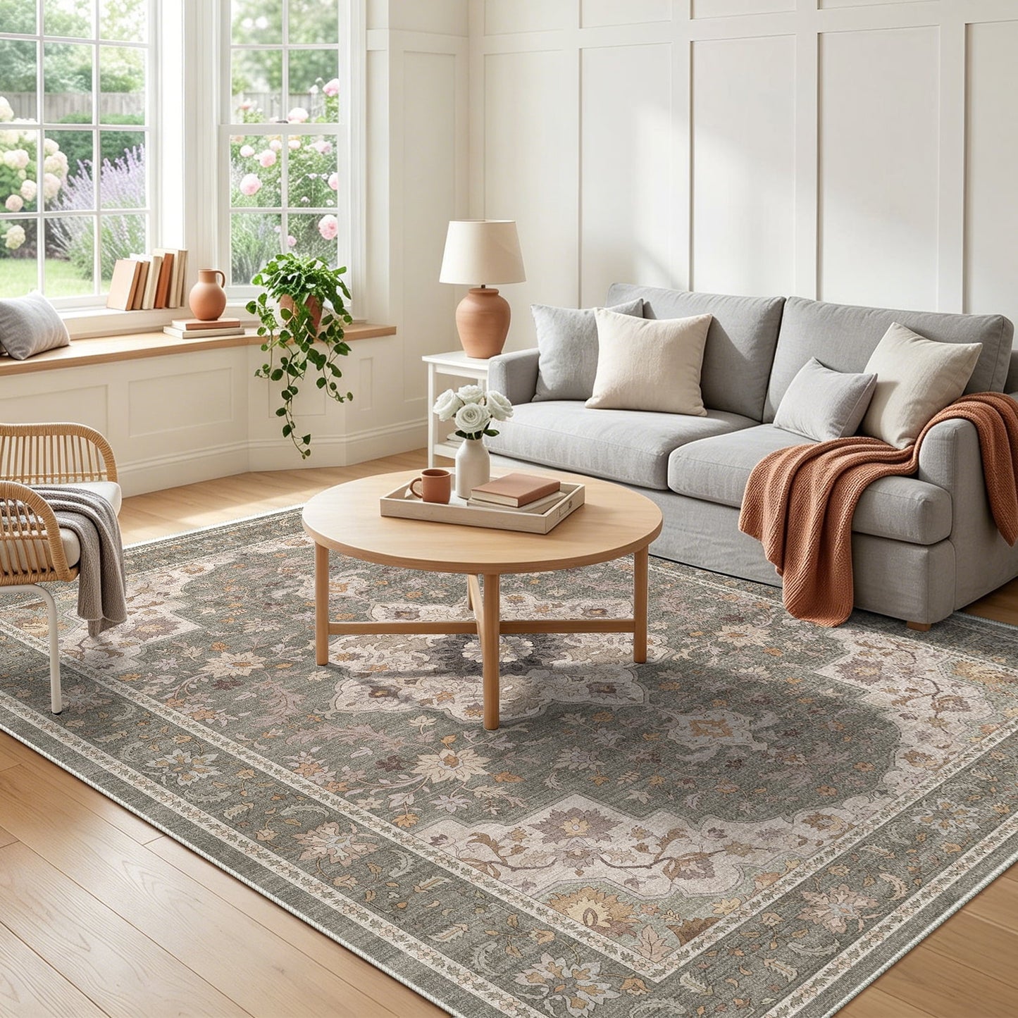 CHITOOMA 6'x9' Area Rugs for Living Room, Boho Machine Washable Stain Resistant Non-Shed Carpet, Floral Area Rug with Non-Slip Backing for Bedroom, Dining Room, Dorm, Office