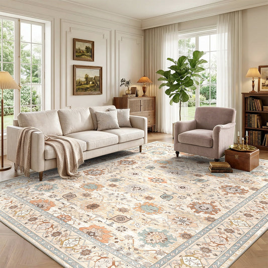 CHITOOMA 5'x7' Area Rugs for Living Room, Boho Machine Washable Stain Resistant Non-Shed Carpet, Floral Area Rug with Non-Slip Backing for Bedroom, Dining Room, Dorm, Office