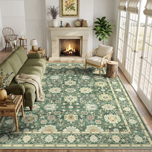 CHITOOMA 5'x7' Area Rugs for Living Room, Boho Machine Washable Stain Resistant Non-Shed Carpet, Floral Area Rug with Non-Slip Backing for Bedroom, Dining Room, Dorm, Office