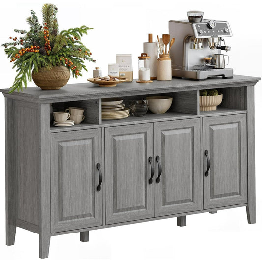 CHITOOMA 55" Sideboard Buffet Cabinet with Adjustable Shelves & 4 Doors, Modern Farmhouse Coffee Bar Cabinet for Kitchen Dinning Room, Gray