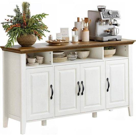 CHITOOMA 55" Sideboard Buffet Cabinet with Adjustable Shelves & 4 Doors, Modern Farmhouse Coffee Bar Cabinet for Kitchen Dinning Room, White & Brown
