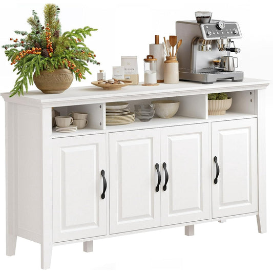 CHITOOMA 55" Sideboard Buffet Cabinet with Adjustable Shelves & 4 Doors, Modern Farmhouse Coffee Bar Cabinet for Kitchen Dinning Room, White