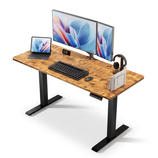 CHITOOMA 55" x 24" Electric Standing Desk, Adjustable Height Table with 4 Memory Pre-Set, Home Office Gaming Desk with Headphone Hook, Brown