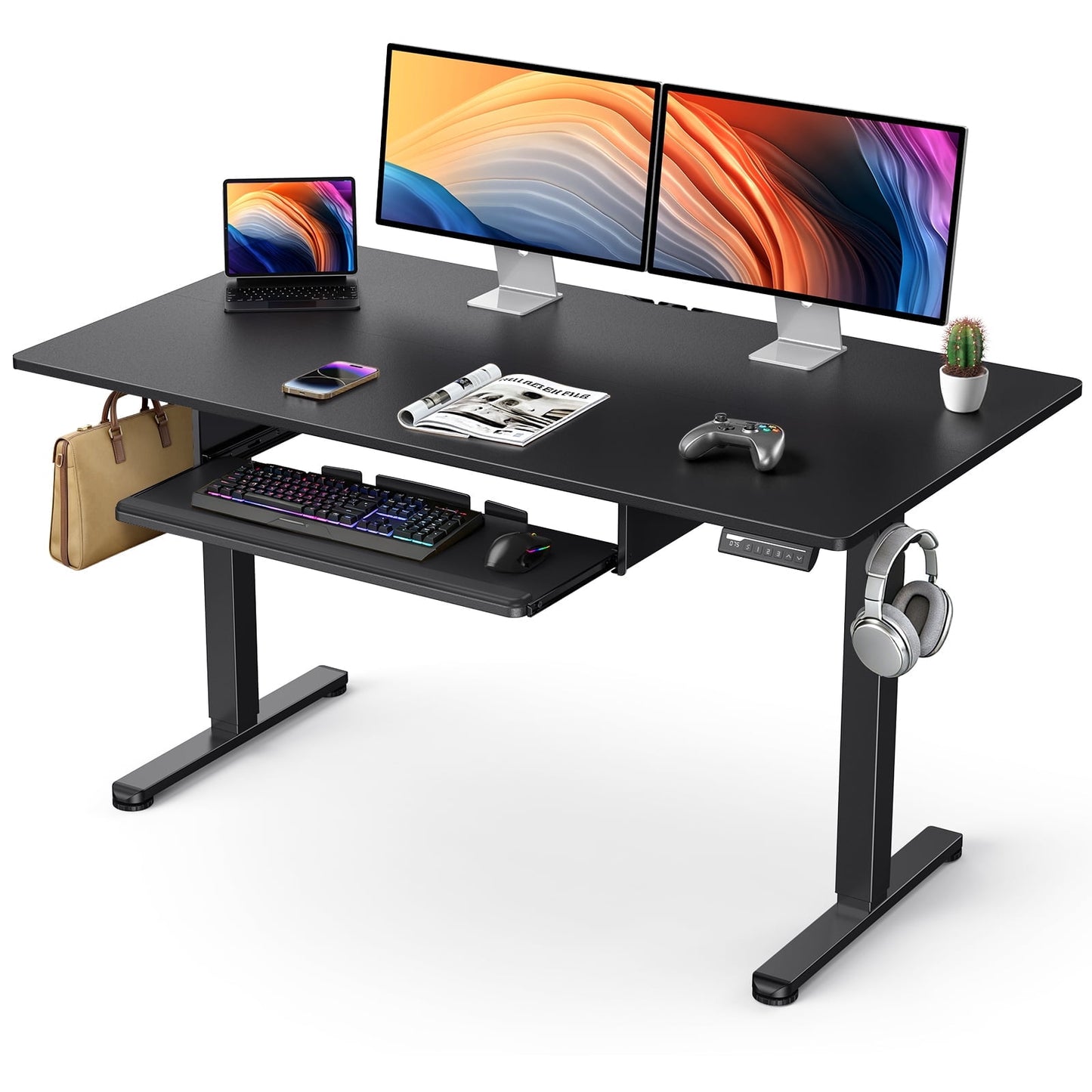55" x 24" Electric Standing Desk with Keyboard Tray, Height Adjustable Sit Stand up Desk with Headphone Hook & 4 Height Memory Pre-Set for Home Office, Black