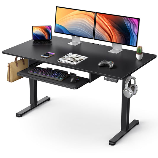 55" x 24" Electric Standing Desk with Keyboard Tray, Height Adjustable Sit Stand up Desk with Headphone Hook & 4 Height Memory Pre-Set for Home Office, Black