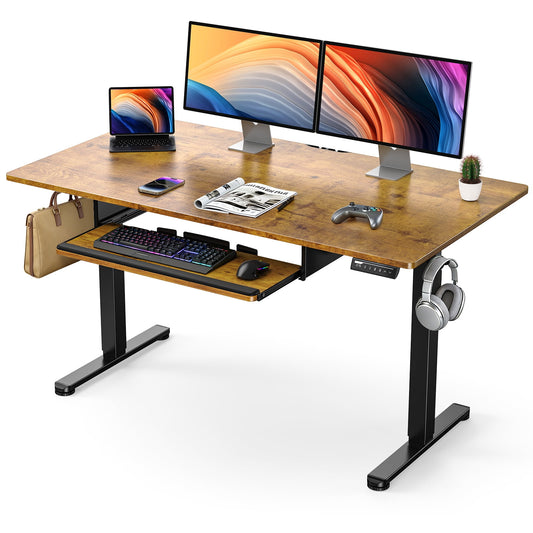 55" x 24" Electric Standing Desk with Keyboard Tray, Height Adjustable Sit Stand up Desk with Headphone Hook & 4 Height Memory Pre-Set for Home Office, Rustic Brown