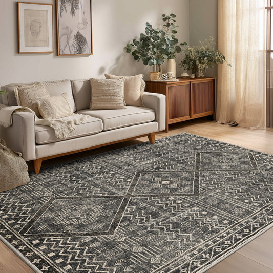 CHITOOMA 6'x9' Area Rugs for Living Room, Washable Boho Moroccan Rug Soft Vintage Distressed Geometric Tribal Area Rug for Bedroom Dining Room Office with Non-Slip Backing, Stain Resistant Non-Shed