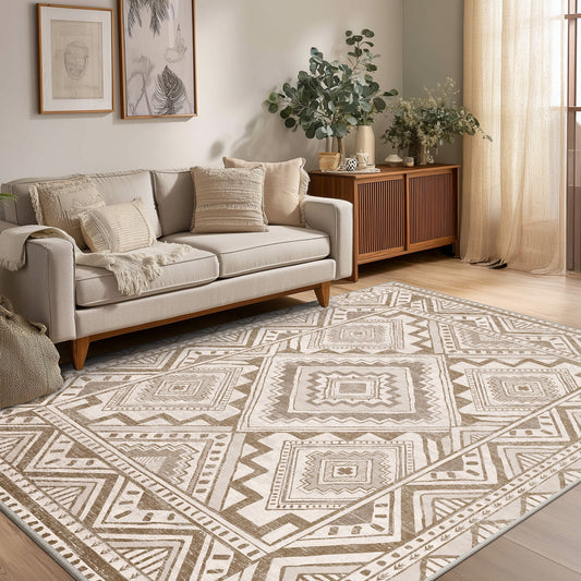 CHITOOMA 6'x9' Area Rugs for Living Room, Washable Boho Moroccan Rug Soft Vintage Distressed Geometric Tribal Area Rug for Bedroom Dining Room Office with Non-Slip Backing, Stain Resistant Non-Shed