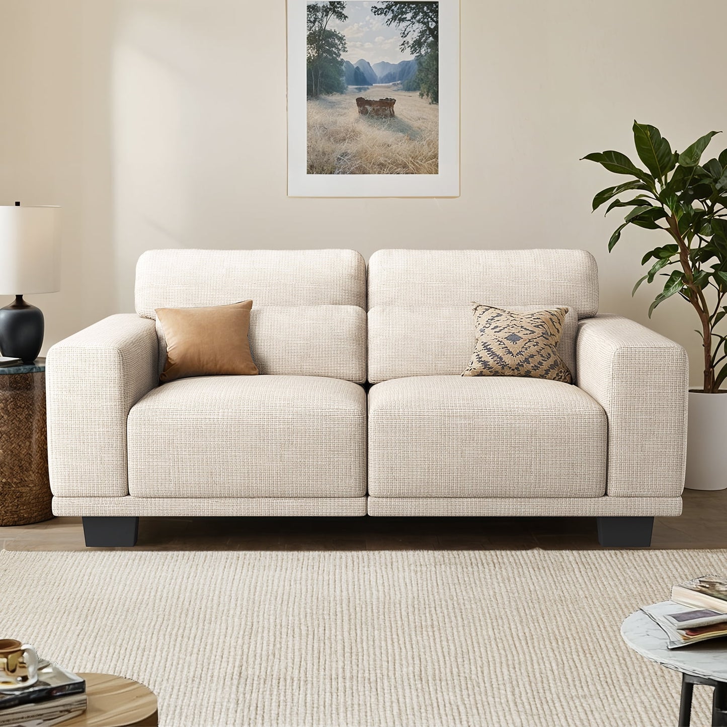 CHITOOMA 65" Loveseat Sofa for Living Room, Comfy Linen Couch with 2 Pillows, Deep Seats, Wide Armrests, Removable Covers & Sturdy Steel Frame, White