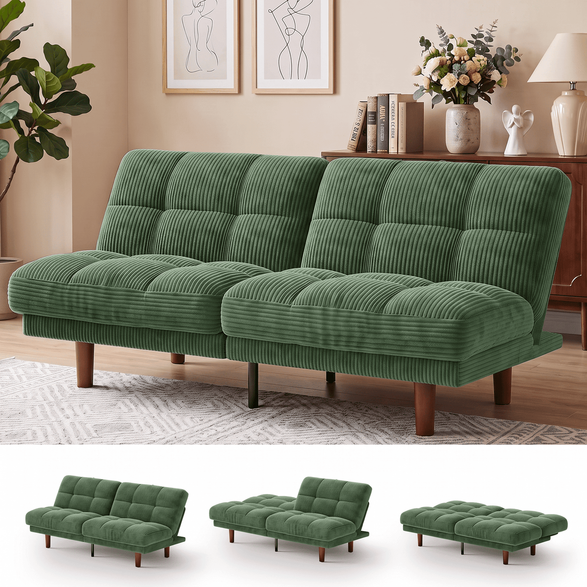 CHITOOMA 66" Futon Sofa Bed with Adjustable Backrest, Corduroy Convertible Futon Couch, Extra-Thick Cushion, Comfy Loveseat for Small Spaces, Apartment or Office, Green