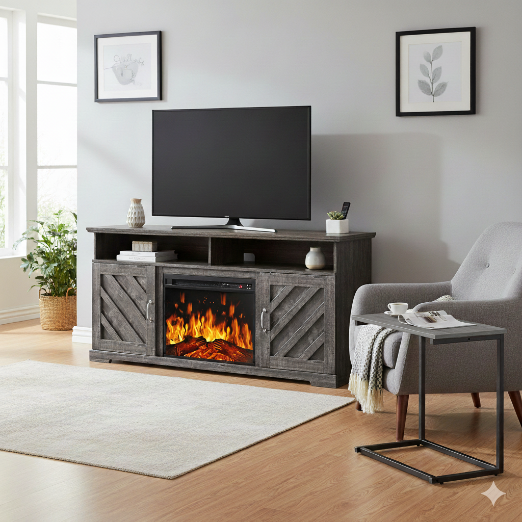 CHITOOMA 75" Fireplace TV Stand and C Shaped End Table Combo, Farmhouse Entertainment Center with 23" Electric Fireplace for Living Room, Bedroom, Gray