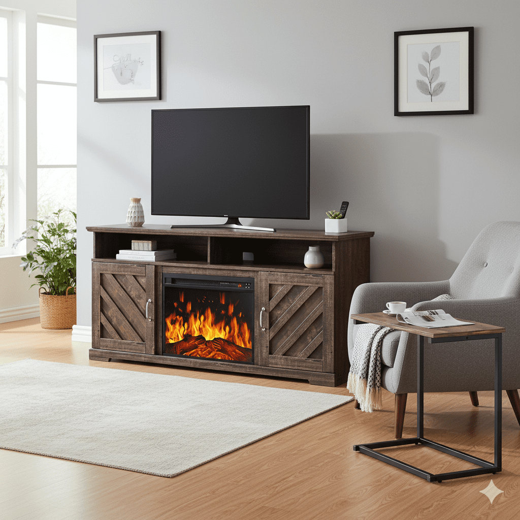 CHITOOMA 75" Fireplace TV Stand and C Shaped End Table Combo, Farmhouse Entertainment Center with 23" Electric Fireplace for Living Room, Bedroom, Vintage Brown