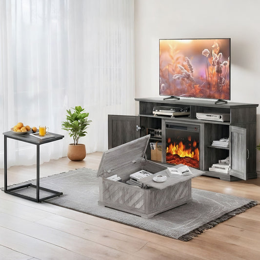 CHITOOMA 75" Fireplace TV Stand, Coffee Table and C Shaped End Table Combo, Farmhouse Entertainment Center with 23" Electric Fireplace for Living Room, Bedroom, Gray