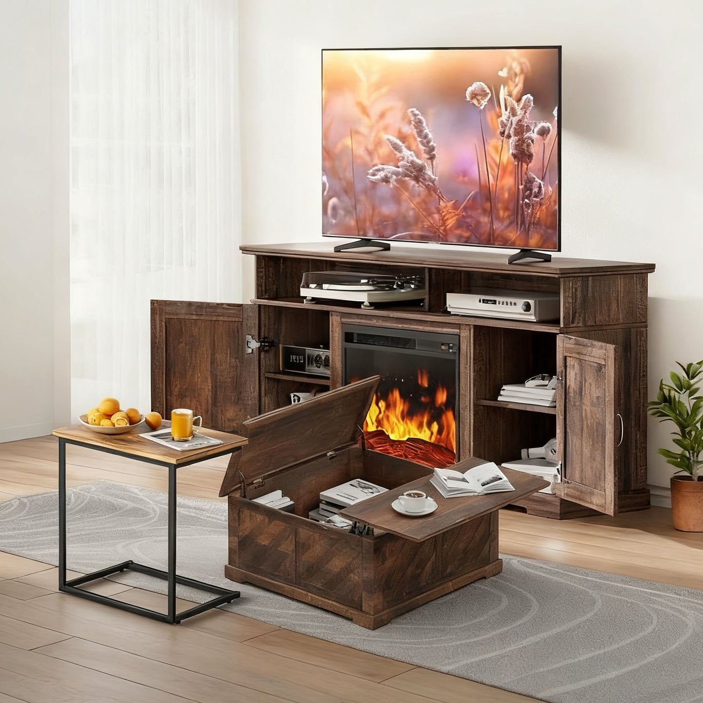 CHITOOMA 75" Fireplace TV Stand, Coffee Table and C Shaped End Table Combo, Farmhouse Entertainment Center with 23" Electric Fireplace for Living Room, Bedroom, Vintage Brown