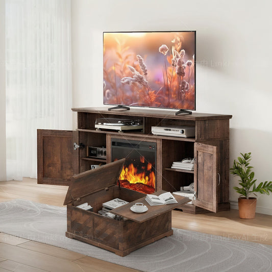 CHITOOMA 75" Fireplace TV Stand and Coffee Table Combo, Farmhouse Entertainment Center with 23" Electric Fireplace for Living Room, Bedroom, Vintage Brown