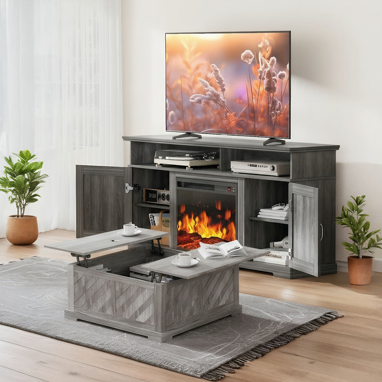 CHITOOMA 75" Fireplace TV Stand and Coffee Table Combo, Farmhouse Entertainment Center with 23" Electric Fireplace for Living Room, Bedroom, Gray