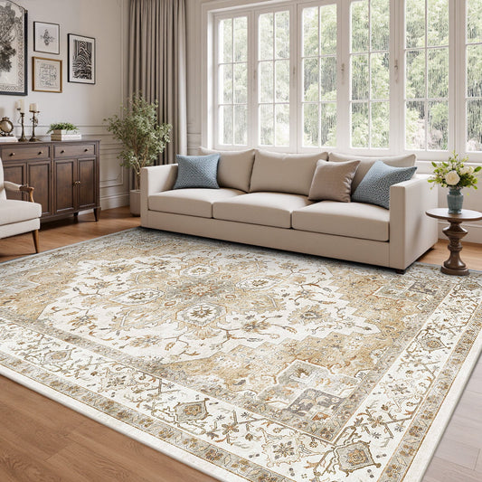CHITOOMA 9'x12' Area Rugs for Living Room, Machine Washable Rugs Vintage Area Rug for Bedroom Dining Room Dorm Office with Non-Slip Backing, Stain Resistant Non-Shed Carpet