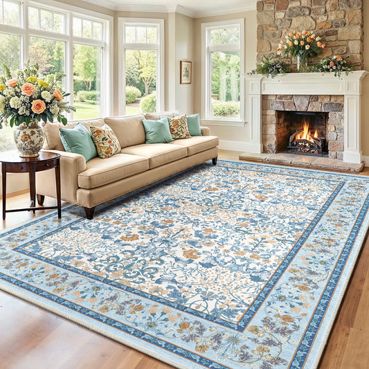 CHITOOMA 8'x10' Area Rugs for Living Room, Floral Washable Rug Boho Non-Slip Printed Carpet, Vintage Stain Resistant Indoor Rug for Bedroom Dining Room Home Office