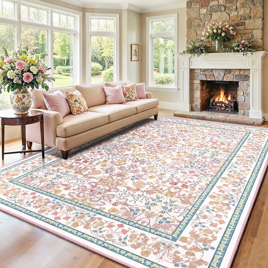 CHITOOMA 8'x10' Area Rugs for Living Room, Floral Washable Rug Boho Non-Slip Printed Carpet, Vintage Stain Resistant Indoor Rug for Bedroom Dining Room Home Office