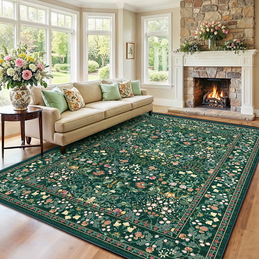 CHITOOMA 8'x10' Area Rugs for Living Room, Floral Washable Rug Boho Non-Slip Printed Carpet, Vintage Stain Resistant Indoor Rug for Bedroom Dining Room Home Office