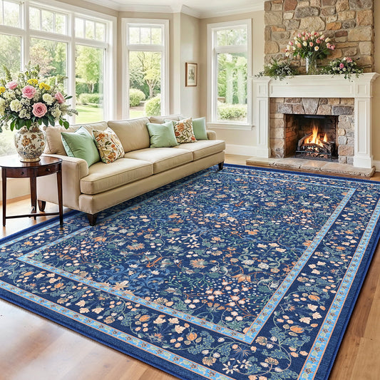 CHITOOMA 9'x12' Area Rugs for Living Room, Floral Washable Rug Boho Non-Slip Printed Carpet, Vintage Stain Resistant Indoor Rug for Bedroom Dining Room Home Office