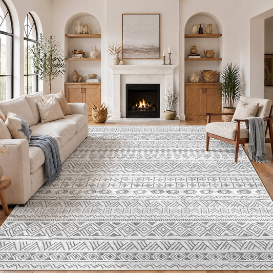 CHITOOMA 9'x12' Area Rugs for Living Room, Washable Rugs Boho Soft Geometric Bohemian Carpet Indoor Rug for Bedroom Dining Room Office Nonslip Foldable Rug