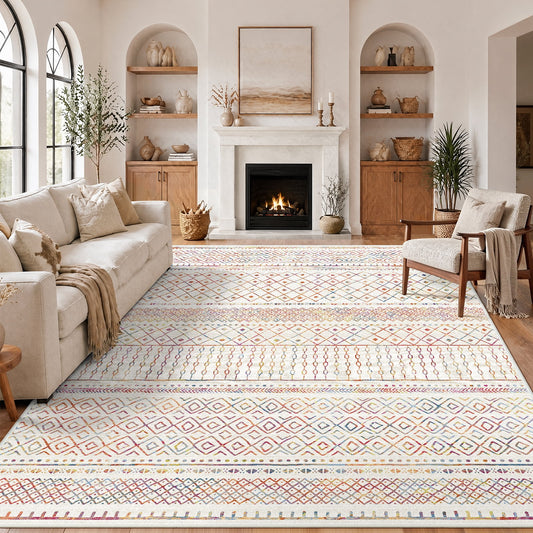 CHITOOMA 9'x12' Area Rugs for Living Room, Washable Rugs Boho Soft Geometric Bohemian Carpet Indoor Rug for Bedroom Dining Room Office Nonslip Foldable Rug