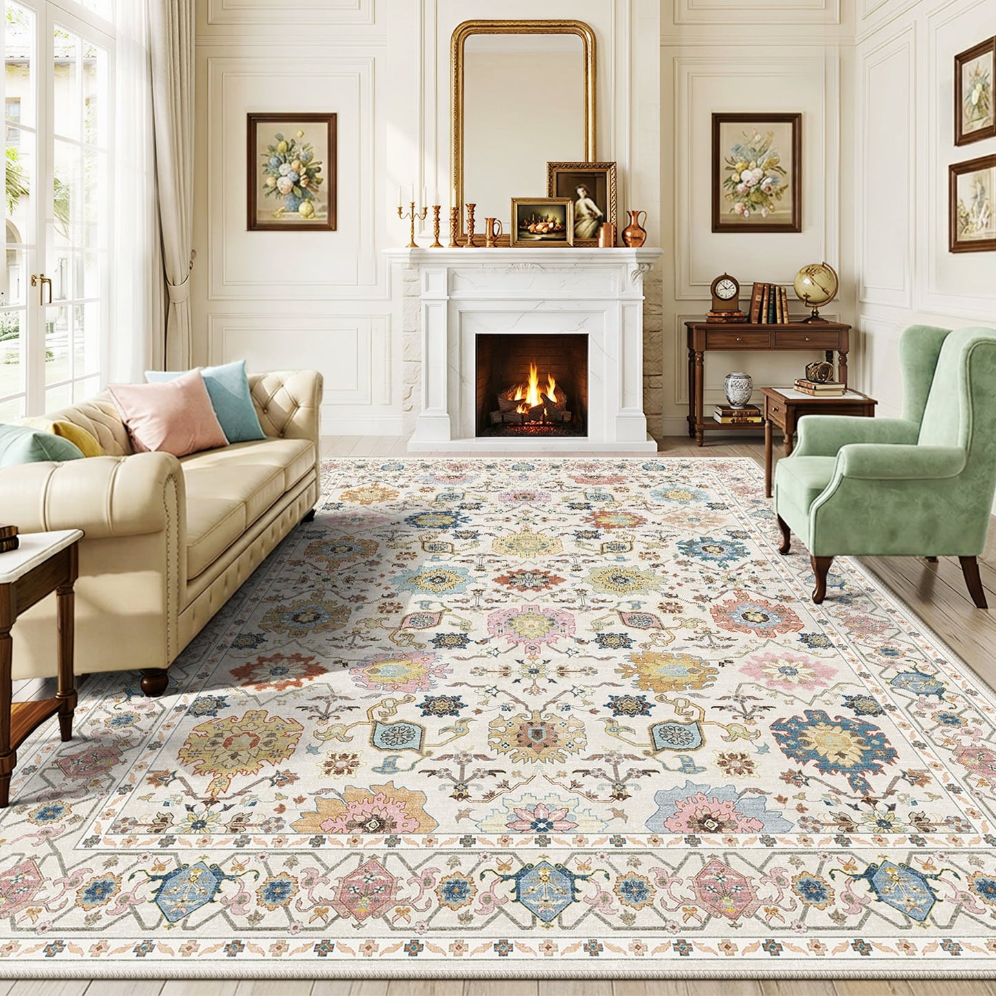 CHITOOMA 8'x10' Area Rugs for Living Room, Boho Machine Washable Floral Area Rug with Non-Slip Backing, Stain Resistant Non-Shed Carpet for Bedroom, Dining Room, Dorm, Office