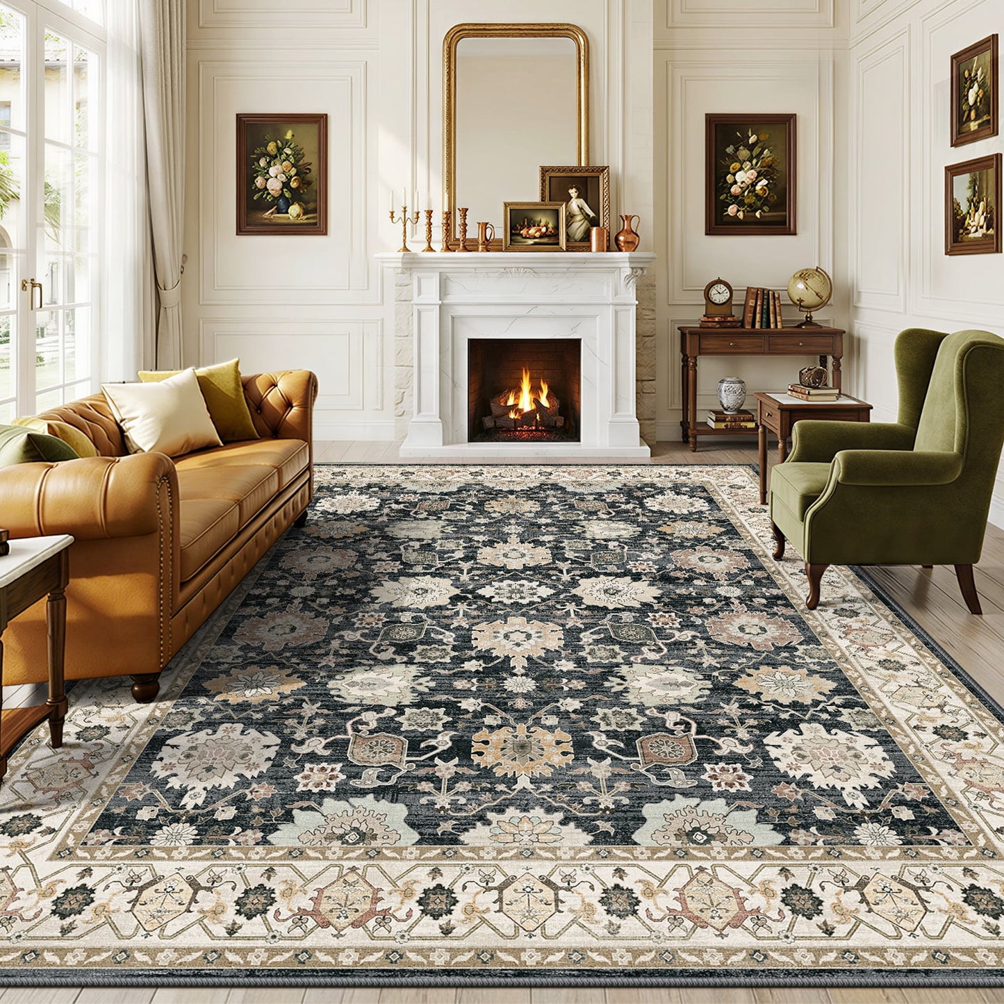CHITOOMA 8'x10' Area Rugs for Living Room, Boho Machine Washable Floral Area Rug with Non-Slip Backing, Stain Resistant Non-Shed Carpet for Bedroom, Dining Room, Dorm, Office