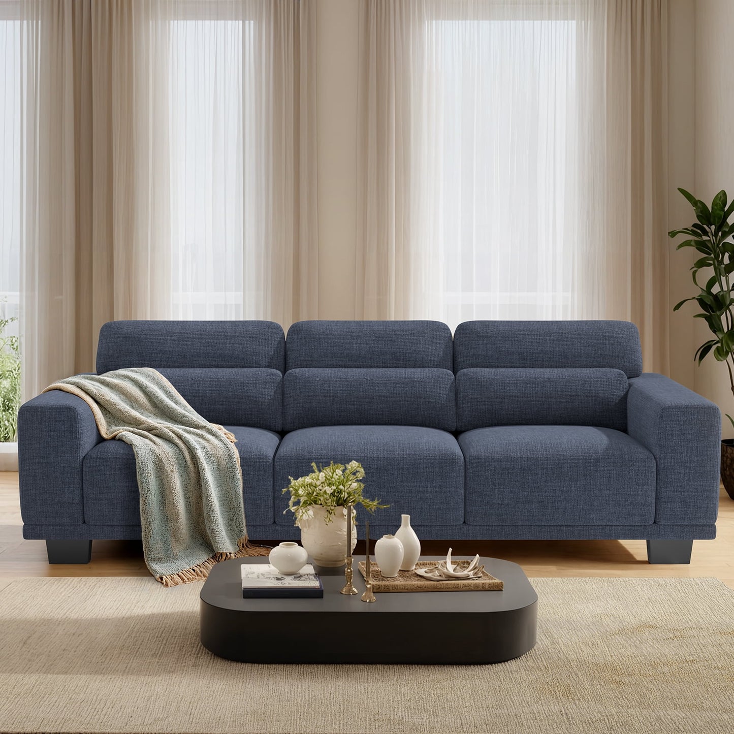 CHITOOMA 89" 3-Seater Sofa for Living Room, Deep Seat Modern Couch with 3 Pillows, Linen Fabric, Removable Covers, Wide Armrests & Steel Frame, Blue