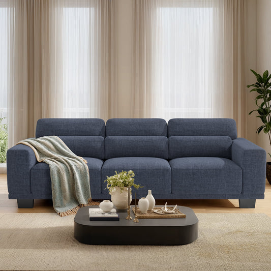 CHITOOMA 89" 3-Seater Sofa for Living Room, Deep Seat Modern Couch with 3 Pillows, Linen Fabric, Removable Covers, Wide Armrests & Steel Frame, Blue
