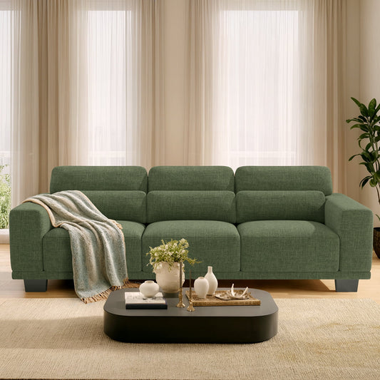 CHITOOMA 89" 3-Seater Sofa for Living Room, Deep Seat Modern Couch with 3 Pillows, Linen Fabric, Removable Covers, Wide Armrests & Steel Frame, Green