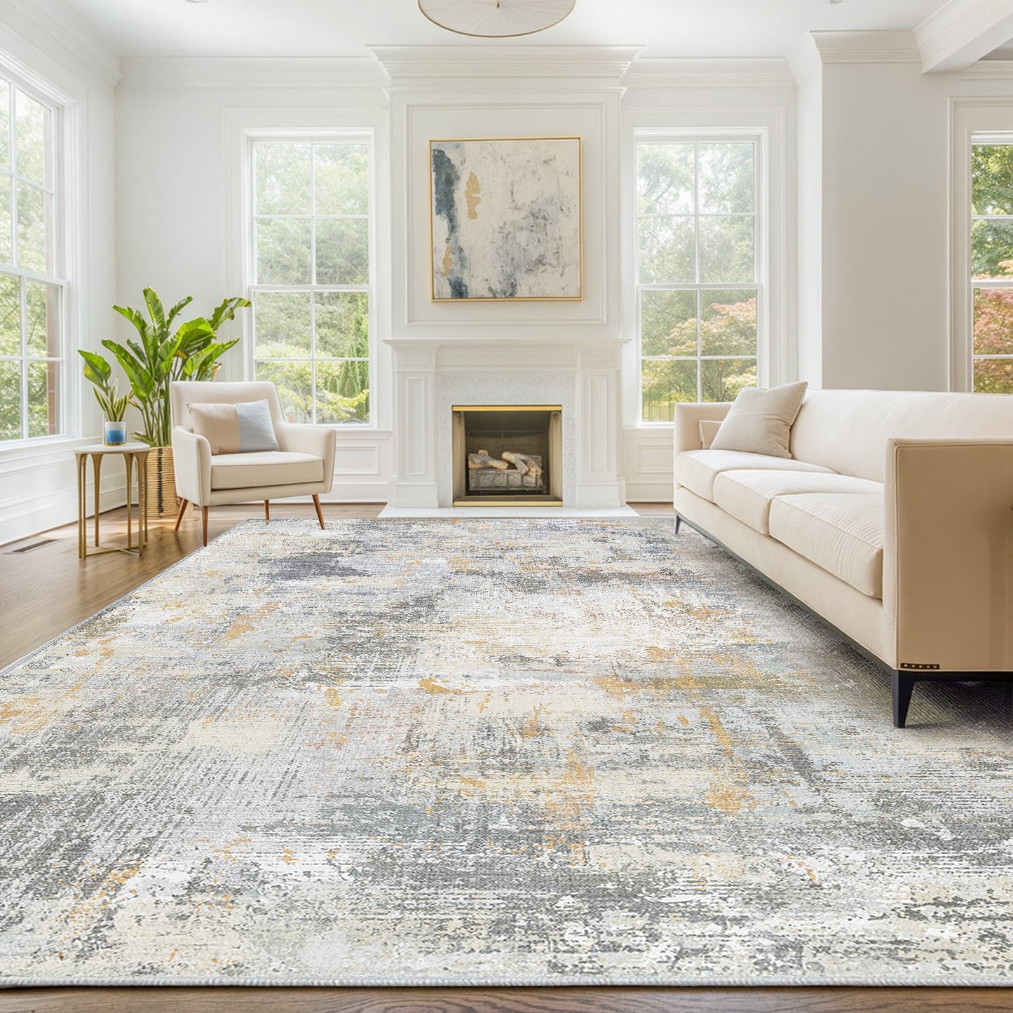 CHITOOMA 9'x12' Area Rugs for Living Room, Machine Washable Abstract Distressed Rugs Indoor Neutral Carpet Rugs for Bedroom Dining Room Office with Non-Slip Backing, Stain Resistant Non-Shed