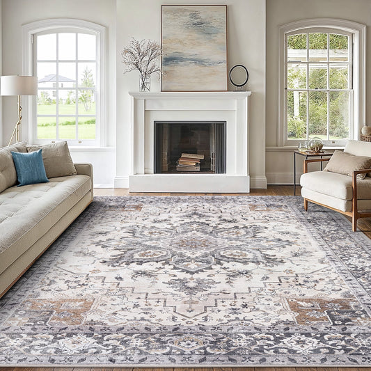 CHITOOMA 9'x12' Area Rugs for Living Room, Machine Washable Rugs Vintage Area Rug for Bedroom Dining Room Dorm Office with Non-Slip Backing, Stain Resistant Non-Shed Carpet