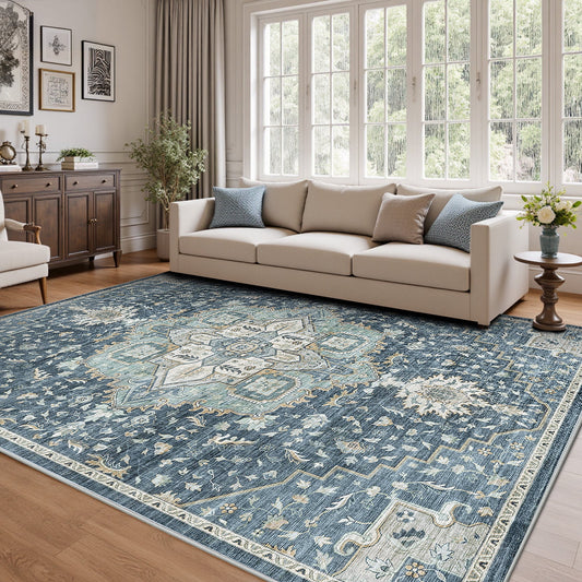 CHITOOMA 9'x12' Area Rugs for Living Room, Machine Washable Rugs Vintage Area Rug for Bedroom Dining Room Dorm Office with Non-Slip Backing, Stain Resistant Non-Shed Carpet