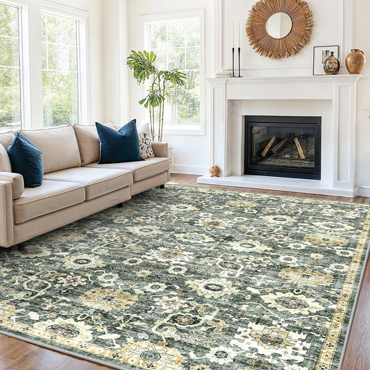 CHITOOMA 9'x12' Area Rugs for Living Room, Machine Washable Rugs Vintage Area Rug for Bedroom Dining Room Dorm Office with Non-Slip Backing, Stain Resistant Non-Shed Carpet
