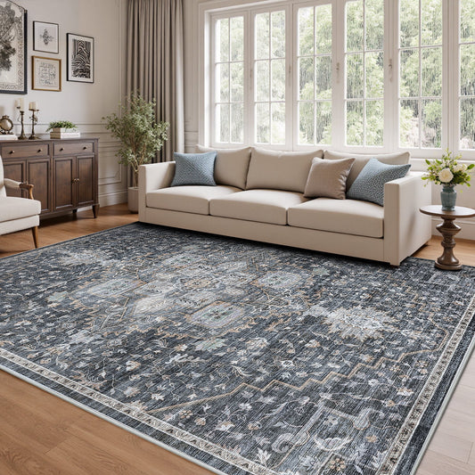 CHITOOMA 9'x12' Area Rugs for Living Room, Machine Washable Rugs Vintage Area Rug for Bedroom Dining Room Dorm Office with Non-Slip Backing, Stain Resistant Non-Shed Carpet