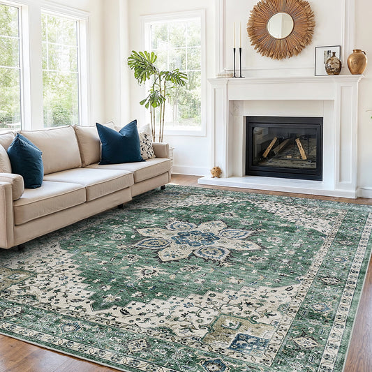 CHITOOMA 9'x12' Area Rugs for Living Room, Machine Washable Rugs Vintage Area Rug for Bedroom Dining Room Dorm Office with Non-Slip Backing, Stain Resistant Non-Shed Carpet