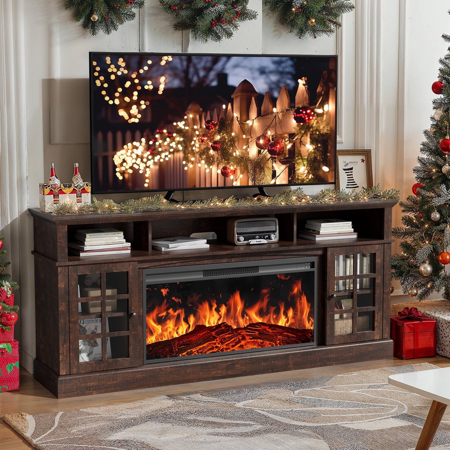 Electric Fireplace TV Stand up to 85" TVs, Farmhouse Entertainment Center wiht 36" Fireplace for Living Room, Vintage Brown