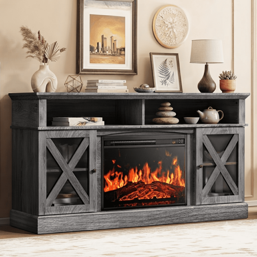 Electric Fireplace TV Stand for 75 inch TVs Farmhouse TV Console with 23″ Fireplace, Gray