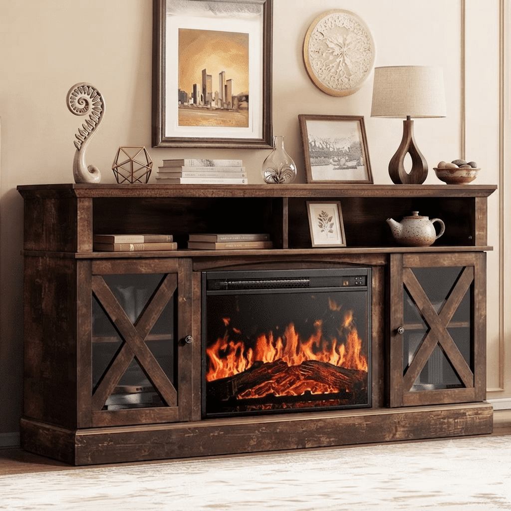Electric Fireplace TV Stand for 75 inch TVs Farmhouse TV Console with 23″ Fireplace, Vintage Brown