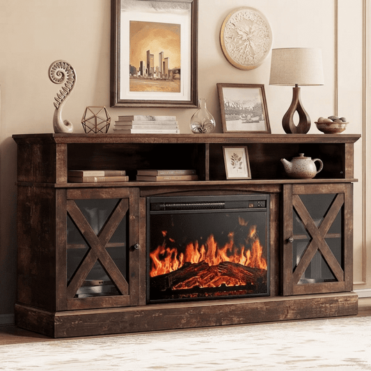 Electric Fireplace TV Stand for 75 inch TVs Farmhouse TV Console with 23″ Fireplace, Vintage Brown