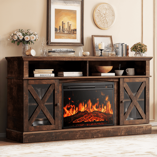 Electric Fireplace TV Stand for 75 inch TVs Farmhouse TV Console with 23″ Fireplace, Gray