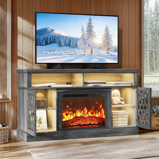 Farmhouse Fireplace TV Stand for 75 inch with LED Light, Adjustable Storage Shelves, Glass Doors, Media Entertainment Center with Fireplace for Living Room, Bedroom, Gray