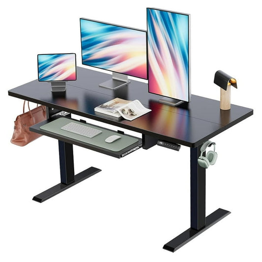 CHITOOMA Electric Standing Desk with Keyboard Tray, 48" x 24" Height Adjustable Sit Stand up Desk with Headphone Hook & 4 Height Memory Pre-Set for Home Office, Black