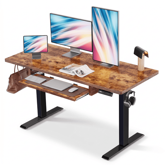 CHITOOMA Electric Standing Desk with Keyboard Tray, 48" x 24" Adjustable Height Sit Stand Up Desk, Home Office Gaming Desk Computer Workstation, Vintage Brown