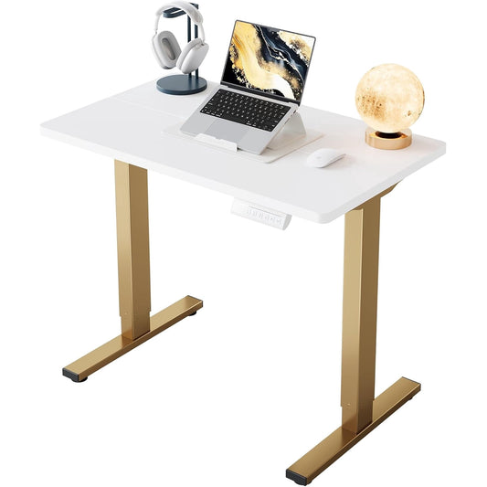 Kyspho Electric Standing Desk with 4 Memory Height Settings, 32" Small Height Adjustbale Desk, Sit Stand Up Desk for Home Office, White + Gold