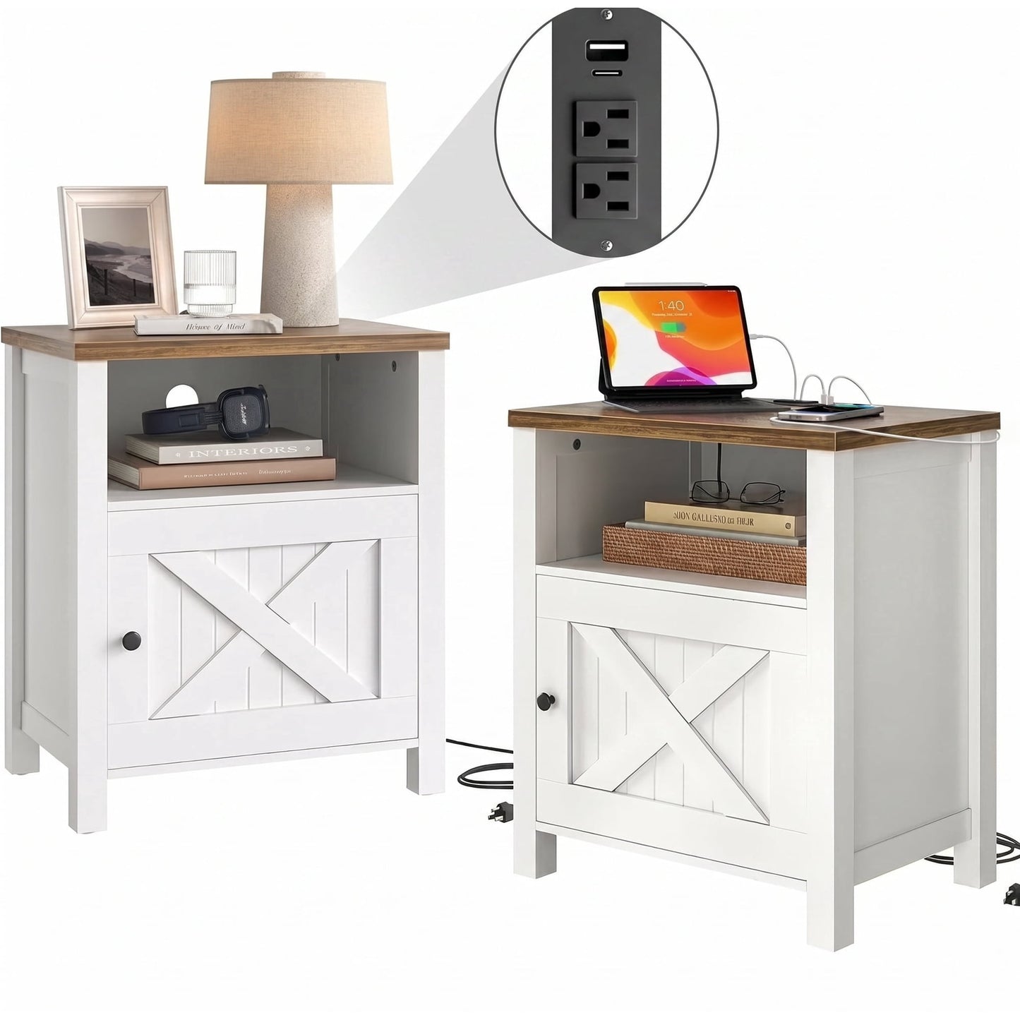 CHITOOMA Farmhouse Nightstands Set of 2, Bedside Tables with Storage Cabinet, Open Shelf, Built-In USB and Power Outlets, White and Brown