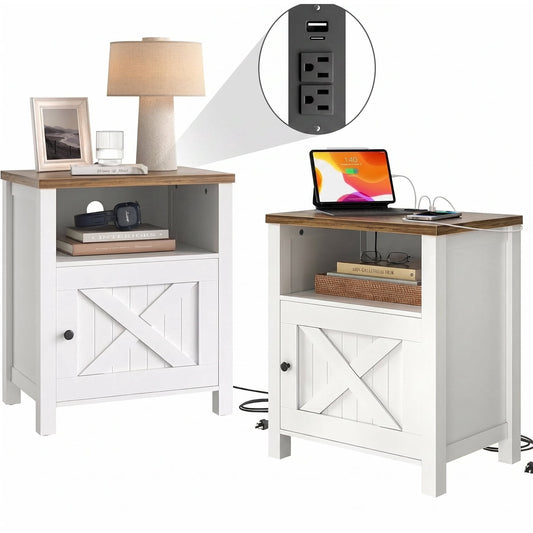 CHITOOMA Farmhouse Nightstands Set of 2, Bedside Tables with Storage Cabinet, Open Shelf, Built-In USB and Power Outlets, White and Brown