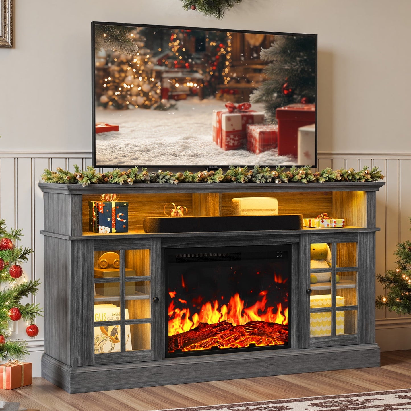 CHITOOMA Fireplace TV Stand with LED Light for up to 70 inch TV, Gray